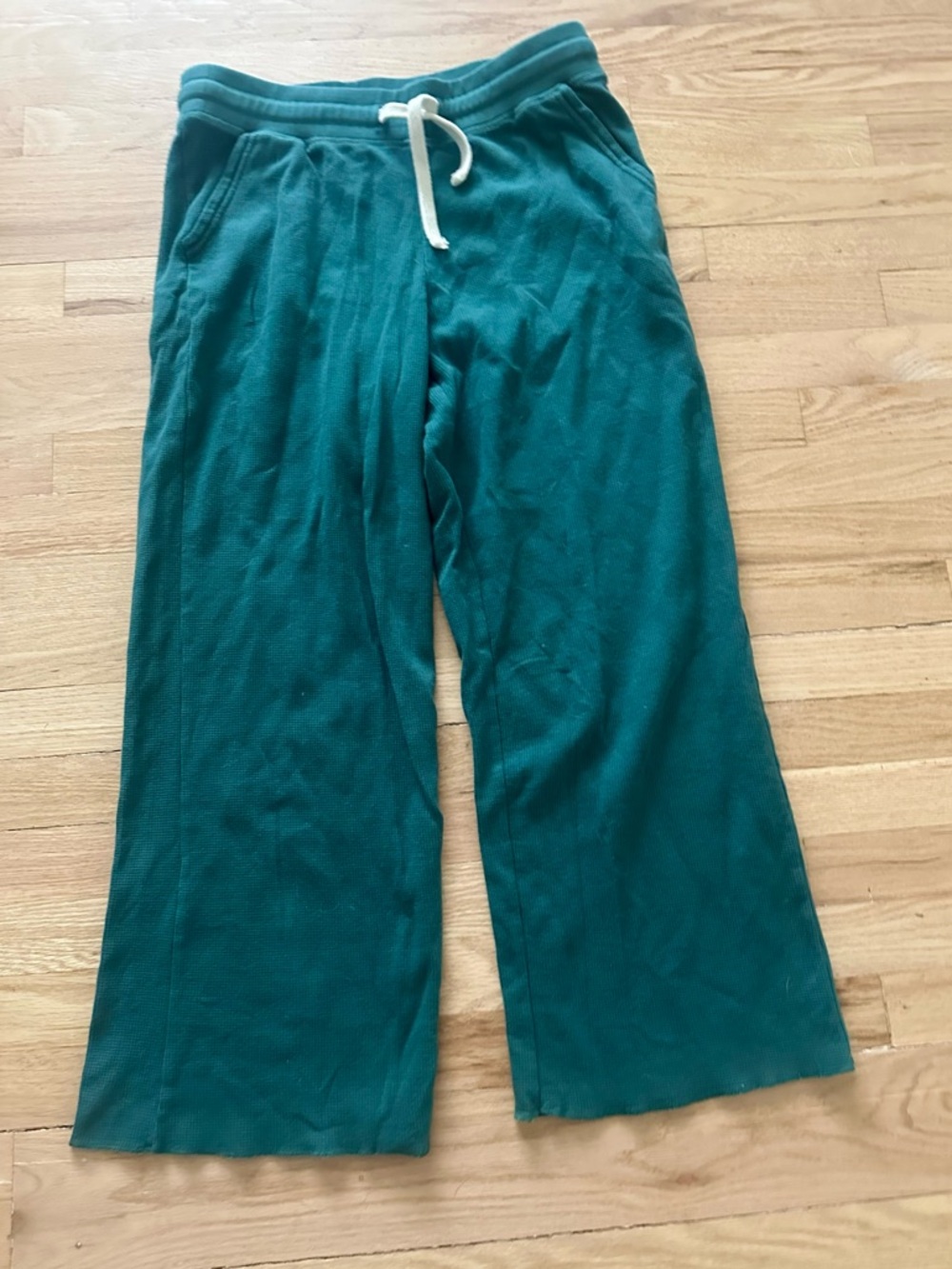 Pact 100% Organic Cotton  jade green Thermal Waffle wide leg Kick pant large